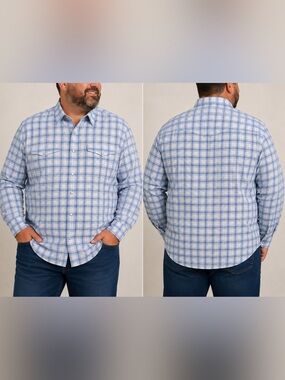 NWT—WRANGLER  shades of Blue- Plaid Long-Sleeve Button-Down Shirt- size XL